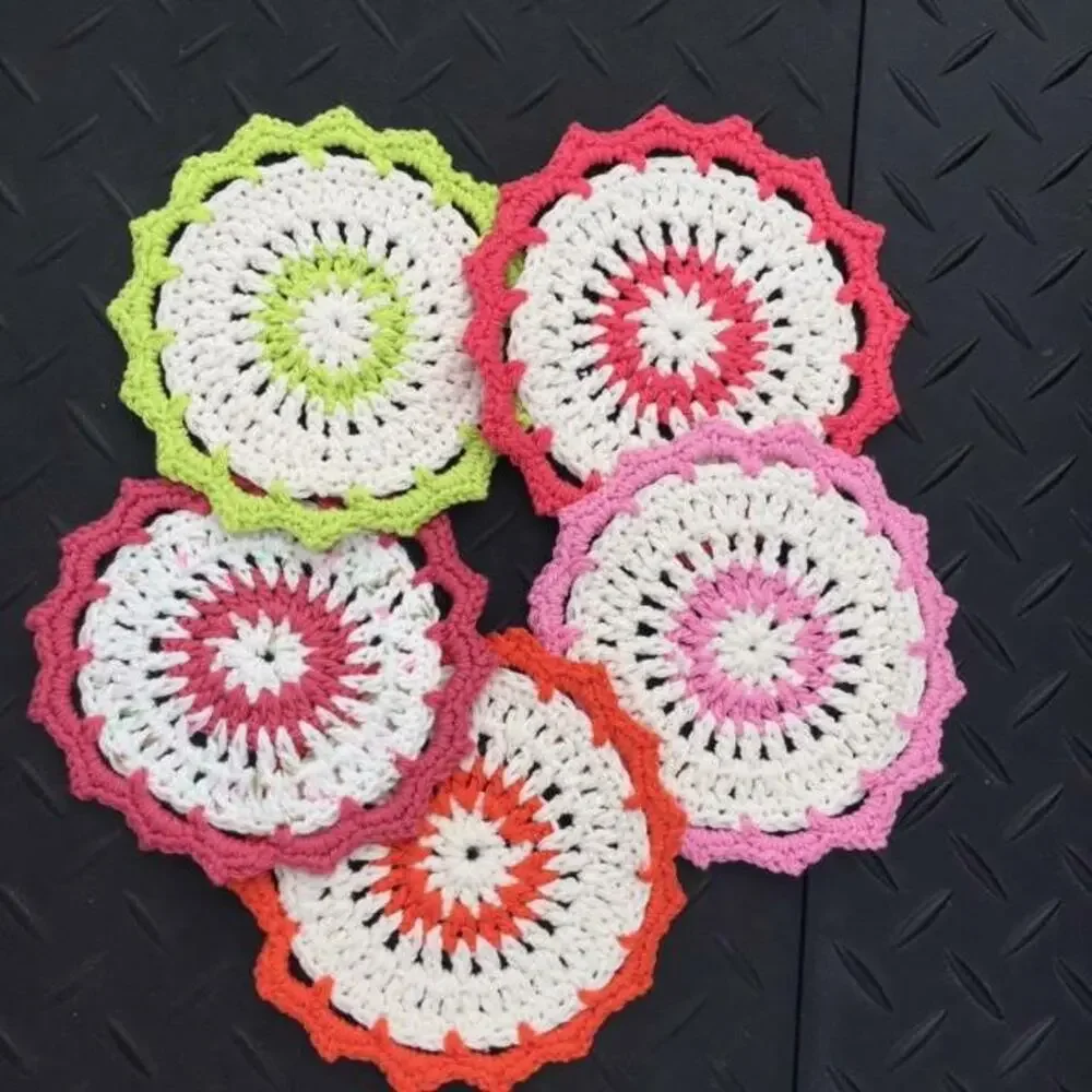 Crochet Handmade Dish Wash Cloths Pot Trivet Lot of Five (5) Cotton Poly Blend